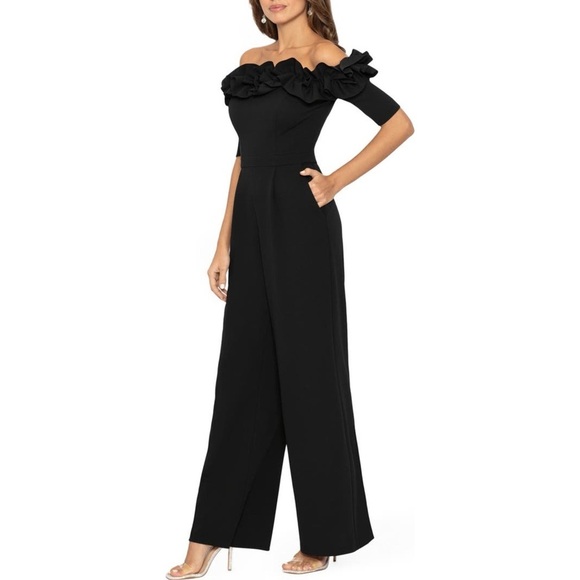 NWT Xscape Ruched Ruffle Scuba Crepe Jumpsuit Black Off The Shoulder Sz 2 - Picture 2 of 15